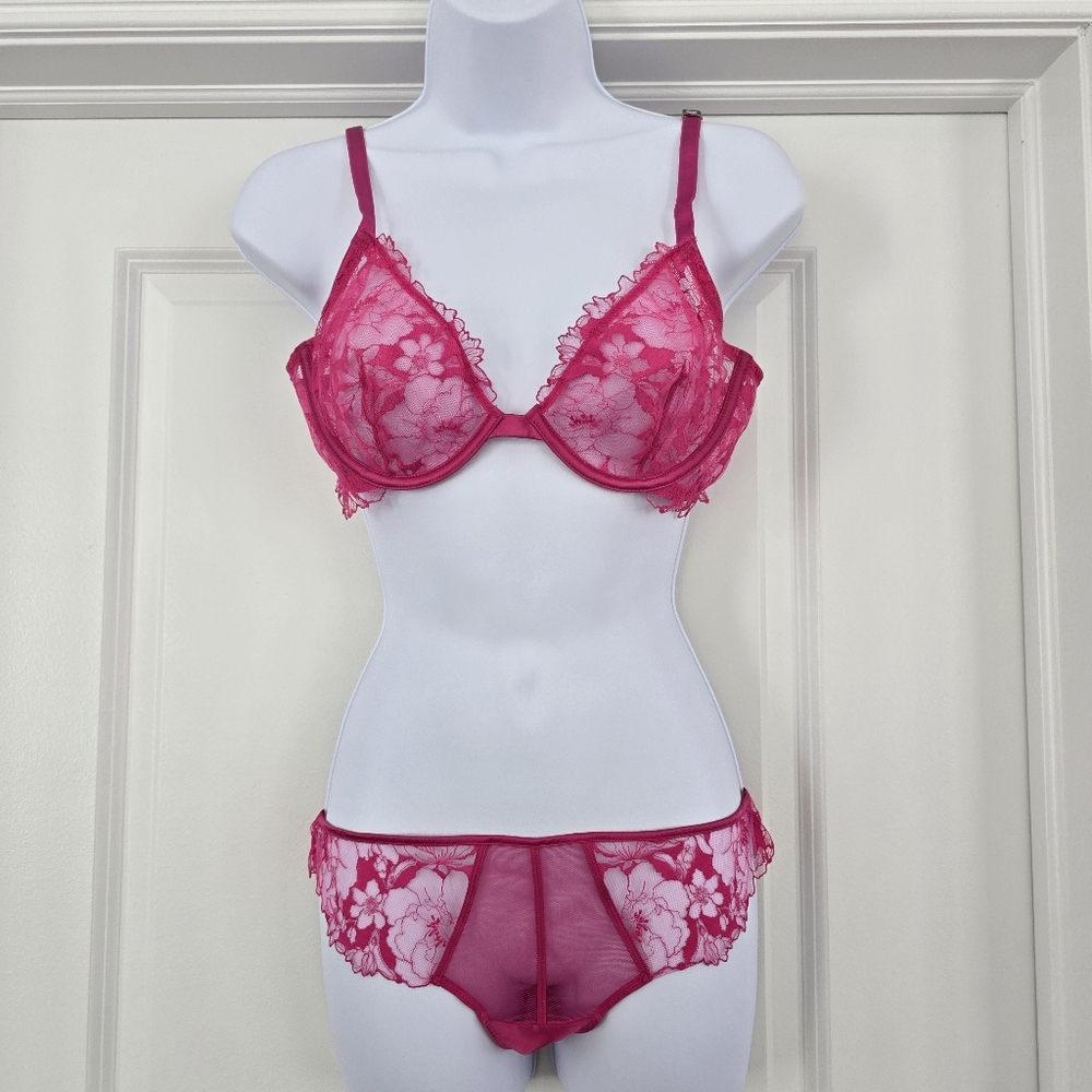 Victoria's Secret Hot Pink Lace Bra And Panty Set Size 36C and Medium